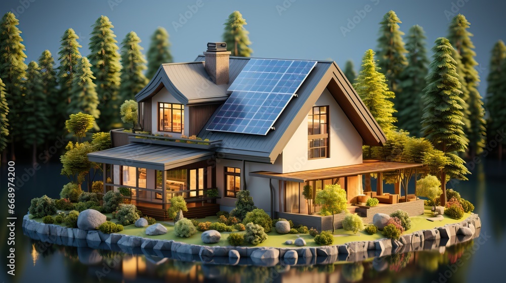 Maison avec panneaux voltaïques avec ciel en été, avec une végétation verdoyante. Maison avec panneaux voltaïques avec ciel en été, avec une végétation verdoyante.