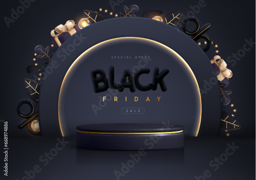 Black friday big sale showcase background with 3d podium, arch, autumn leaves and gift box. Vector illustration