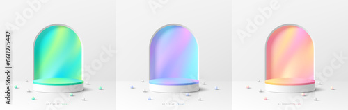 Set of 3D white cylinder podium background with green blue pink and colorful in arch gate, beads scene. Platforms mockup product display presentation. Abstract composition in minimal. Stage showcase.