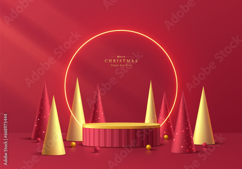 3D christmas podium background. Red golden cylinder pedestal with neon ring and golden christmas tree scene. Platforms mockup product display presentation. Abstract composition minimal. Stage showcase