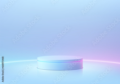 Abstract blue hologram cylinder podium pedestal background. Sci-fi abstract concept with glowing neon curve lighting line. Vector render 3d platform, Mockup product display. Futuristic minimal scene.