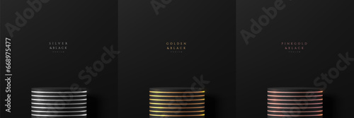 Set of realistic 3d cylinder stand podium background in silver, gold, pink gold and black. Abstract studio room. Luxury minimal scene. Vector rendering geometric platform. Product display presentation