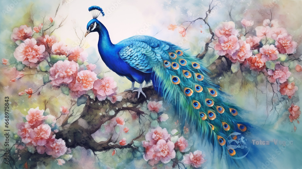 Fototapeta premium Watercolor Painting of Peacock on Flower. generative ai