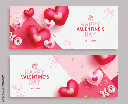 Happy valentine's day text vector banner set. Valentine's day greeting card with heart balloons elements in elegant background collection. Vector illustration valentines hearts day cards collection.
