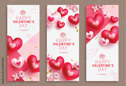 Happy valentine's day greeting card vector poster set. Valentine's gift cards lay out collection with heart balloons decoration elements in elegant background. Vector illustration hearts day greeting 