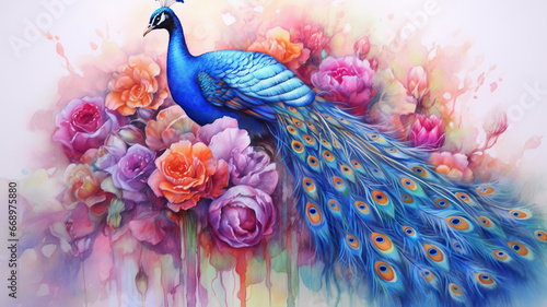 Watercolor Painting of Peacock on Flower. generative ai