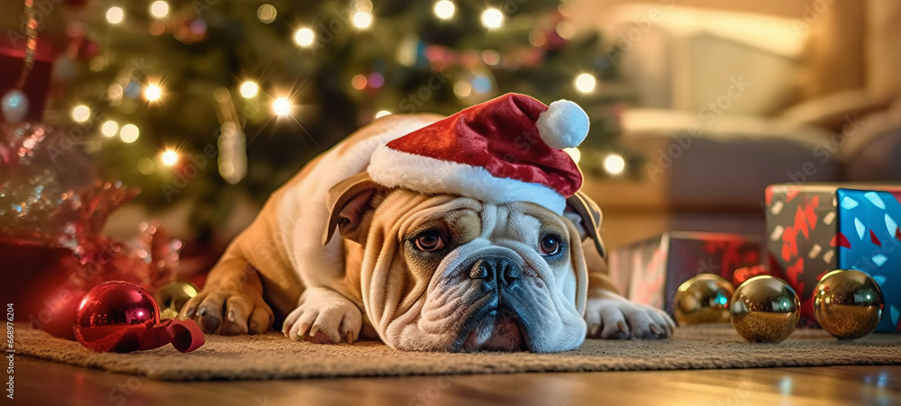 Santa Bulldog near Christmas tree Santa Bulldog near Christmas tree