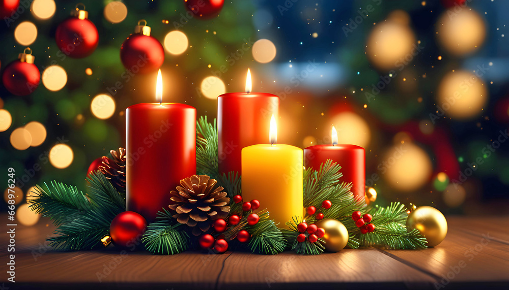cute Christmas background with flowers, candles and bokeh, t-shirt print, creative illustration for design cute Christmas background with flowers, candles and bokeh, t-shirt print, creative illustration for design
