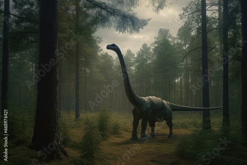 Brachiosaurus walking in pines forest. Ancient reptile animal in misty wild natural Jurassic park. Generate ai © nsit0108