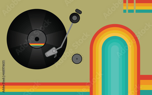 Retro background with colorful lines and vinyl music black plate record. Abstract background in trendy 1970s style. Vector illustration