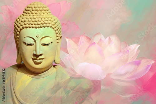 Buddha statue with pink lotus flower. Traditional Buddhist ancient religion god Zen. Generate ai