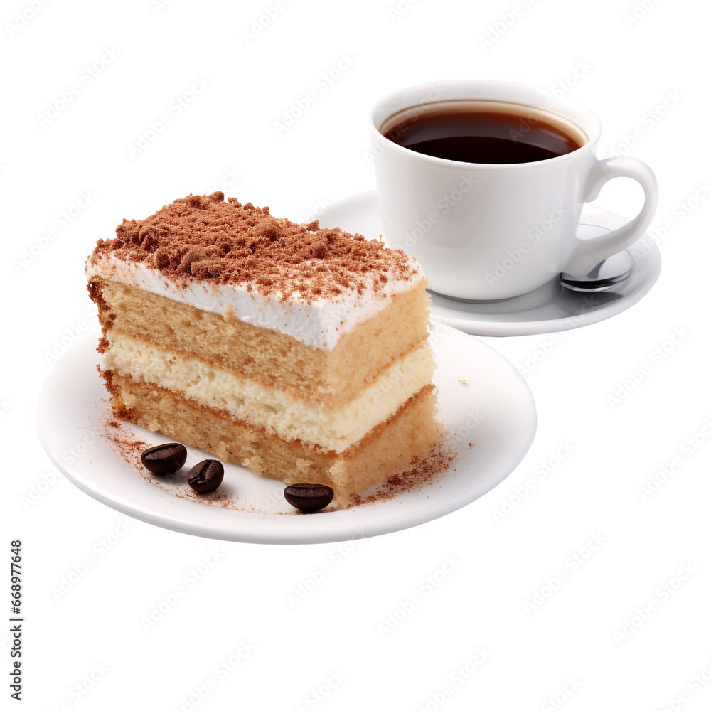 A piece of sponge cake with cup of coffee isolated on transparent background A piece of sponge cake with cup of coffee isolated on transparent background