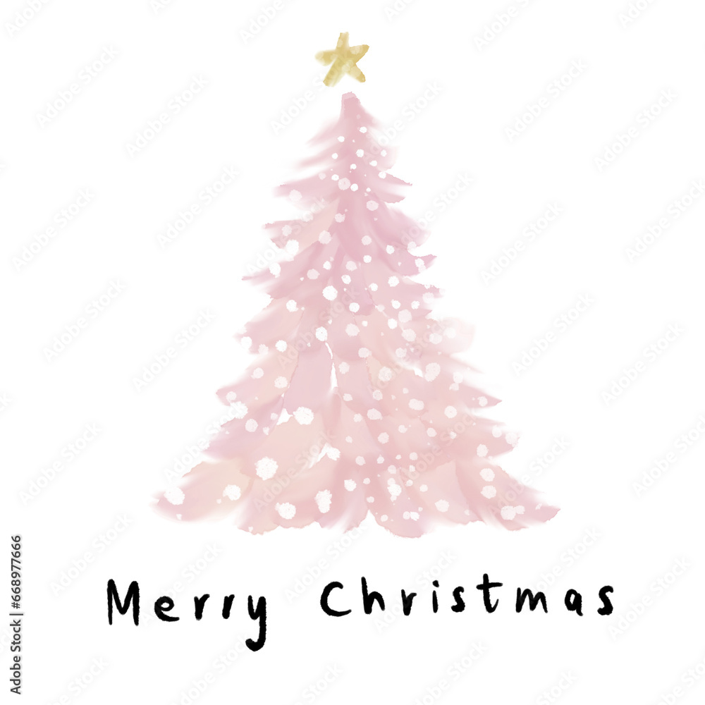 Hand drawn pink Christmas tree and snowflakes with gold star watercolor blurred brush strokes. Merry Christmas calligraphy handwritten text for card print. Hand drawn pink Christmas tree and snowflakes with gold star watercolor blurred brush strokes. Merry Christmas calligraphy handwritten text for card print.