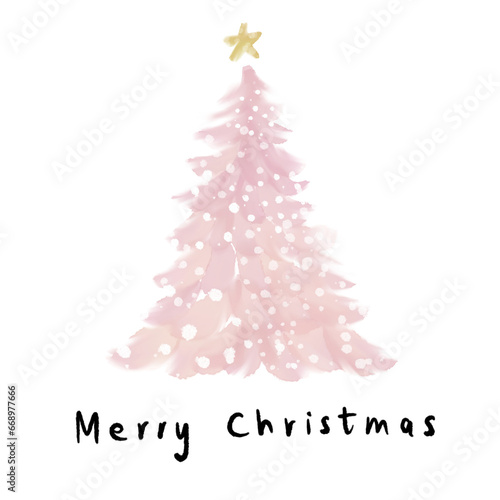 Hand drawn pink Christmas tree and snowflakes with gold star watercolor blurred brush strokes. Merry Christmas calligraphy handwritten text for card print.