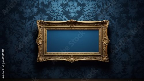 Antique frame on royal blue wall, dark lighting