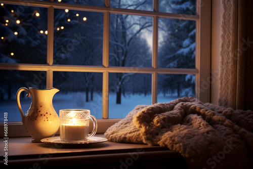 cup of coffee or tea in front of window in the winter 