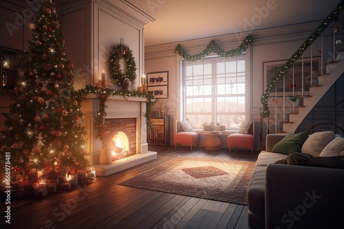 Christmas living room with a decorated tree, warm fireplace, stockings hanging, and soft, twinkling lights, evoking a sense of holiday warmth and joy, 3D rendering with realistic textures,