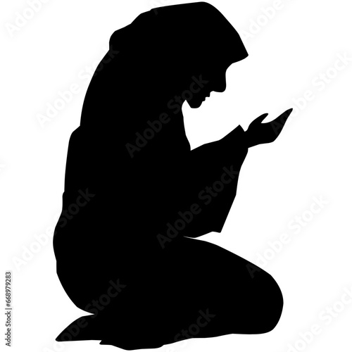 Woman muslim praying silhouette vector illustration. Woman with hijab praying icon for eid mubarak. Ramadan design graphic in muslim culture and islam religion