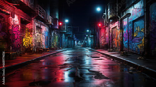 alley with neon light garbage and graffiti at night photo