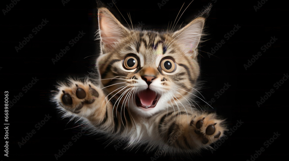 Cute funny cat flying. Photo of a playful tabby cat jumping in air