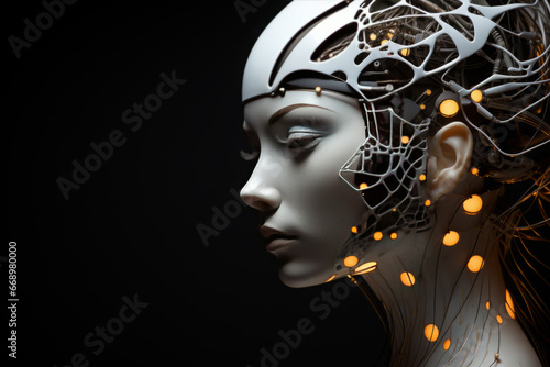 Illustration of a cyborg woman and Ai technology background with customizable space for text.