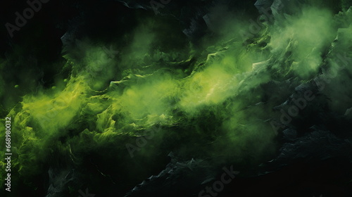 Enigmatic Fusion: Cosmic Landscapes Background in Green and Black Smoke, Rich Textural Effects, Hyper-Detailed Fantasy.