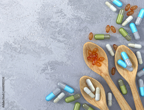 Medical and scientific concepts, spoon with vitamin, medicine, dietary supplements, capsules top view, 3d rendering