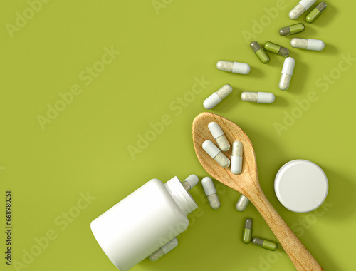 Medical and scientific concepts, spoon with vitamin, medicine, dietary supplements, open jar, top view, 3d rendering