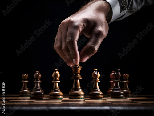Hand of a businessman holds a chess piece. Strategy, tactics, game plan concept.