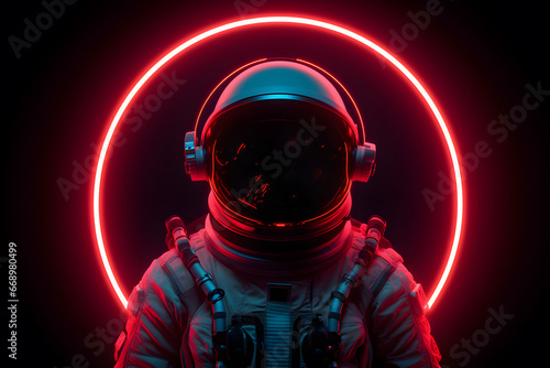 Spaceman or astronaut with circular ring shaped neon light. AI generative