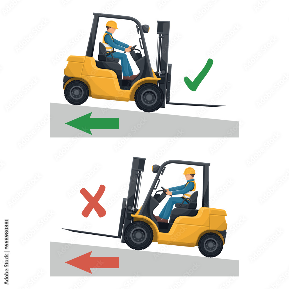 Use of forklifts on slopes. Go up and down slopes with the forklift without a load. Safety in handling a forklift. Accident prevention at work. Industrial Safety and Occupational Health Use of forklifts on slopes. Go up and down slopes with the forklift without a load. Safety in handling a forklift. Accident prevention at work. Industrial Safety and Occupational Health