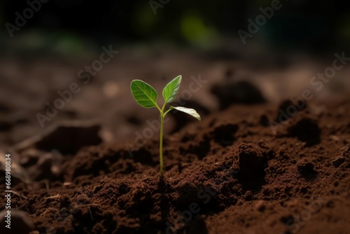 Green seedling growing soil. Small life farm botany ground. Generate Ai