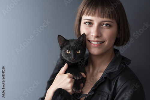 Beautiful  woman portrait in jacket and lingerie  with black cat stands on a gray background