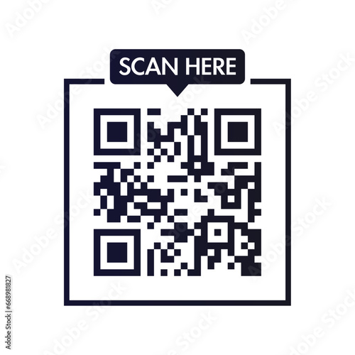 QR code scan here icon for mobile apps and payments. QR code scan for smartphone. Qr code Template scan here QR code for smart phone. Vector illustration.