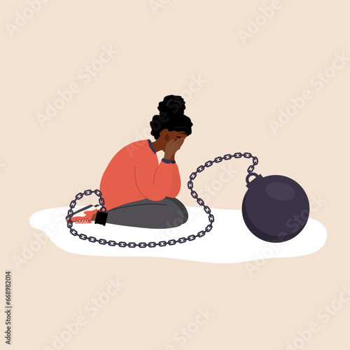 Self flagellation. Sad african woman with heavy wrecking ball feeling guilty. Concept of psychological self-harm, criticism, judgment. Mental problems. Vector illustration in flat cartoon style.