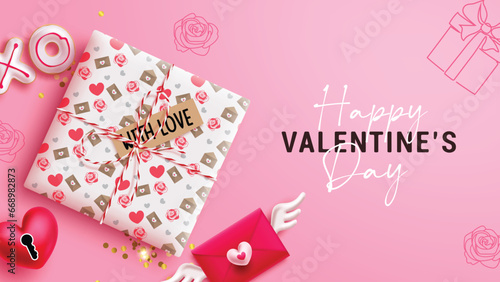 Valentine's day gift vector design. Happy valentine's day greeting text with surprise gift box for romantic heart's day background. Vector illustration valentine invitation card design.
