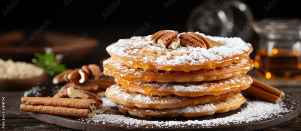 Crispy wafers topped with nuts cinnamon honey and powdered sugar Crispy wafers topped with nuts cinnamon honey and powdered sugar