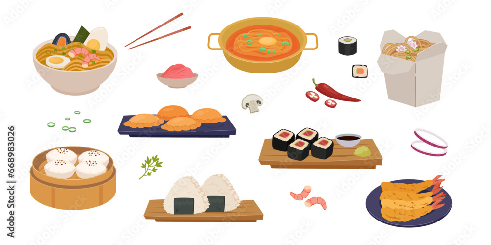 Chinese food menu. sweet and sour chicken, minimalistic flat cartoon delicious Chinese Asian food, chow Mein, spring rolls, dim sum, wonton. vector China kitchen foods collection Chinese food menu. sweet and sour chicken, minimalistic flat cartoon delicious Chinese Asian food, chow Mein, spring rolls, dim sum, wonton. vector China kitchen foods collection