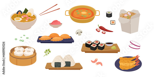 Chinese food menu. sweet and sour chicken, minimalistic flat cartoon delicious Chinese Asian food, chow Mein, spring rolls, dim sum, wonton. vector China kitchen foods collection