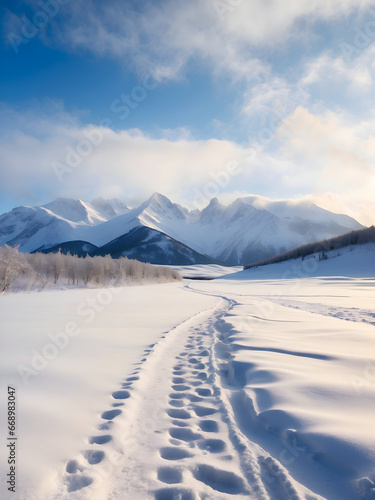 Footprints leading through fresh snow toward a mountain range in the distance. Generative AI