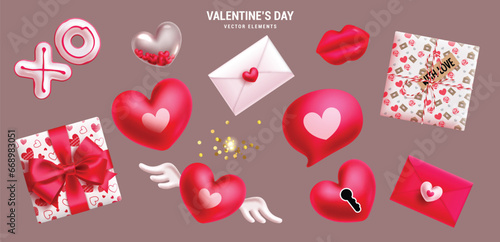 Valentine's day love elements set design. Valentine's element heart balloons, gift boxes, love letter and xoxo decoration elements collection. Vector illustration hearts day love elements collection.
