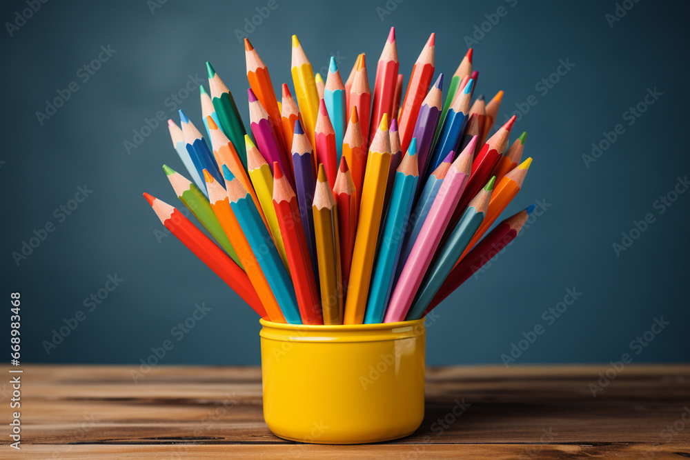 Colorful pencils in a yellow vase on a wooden table