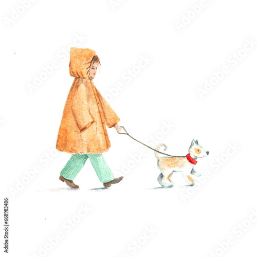 A cute girl in an orange raincoat walks with a dog in the park in autumn. Hand drawn watercolor illustration on a white background, not AI.
