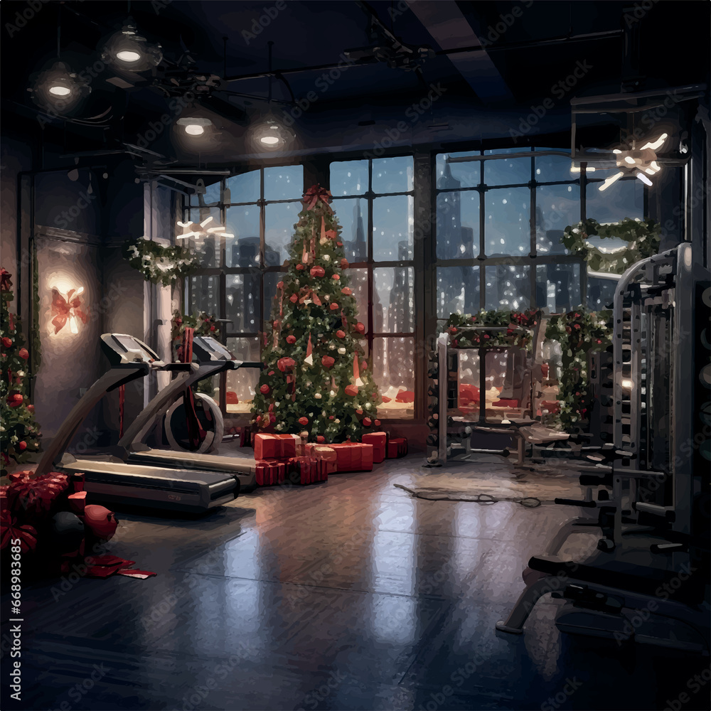 Illustration of workout gym that mixed with Christmas, with Christmas decorations and lights