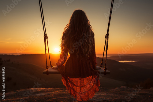 Young woman sitting on a swing at sunset in the mountains. Rear view.