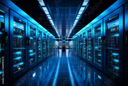 Server room data center. Backup, mining, hosting, mainframe and computer