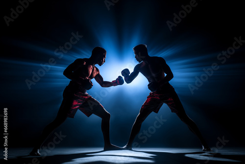 Boxers at boxing sparring on ring. MMA fighters battle on championship match. Dark cinematic background, back lighting