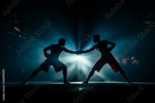 Boxers at boxing sparring on ring. MMA fighters battle on championship match. Dark cinematic background, back lighting
