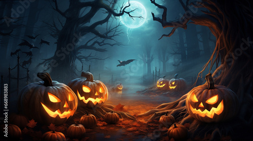 Halloween pumpkin on wooden table 3d rendering bokeh background