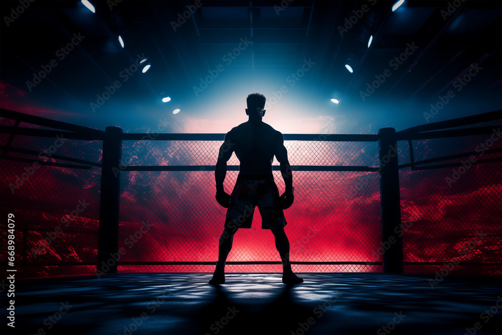 Fototapeta premium MMA fighter preparing for championship. Boxer on boxer ring cinematic dark background